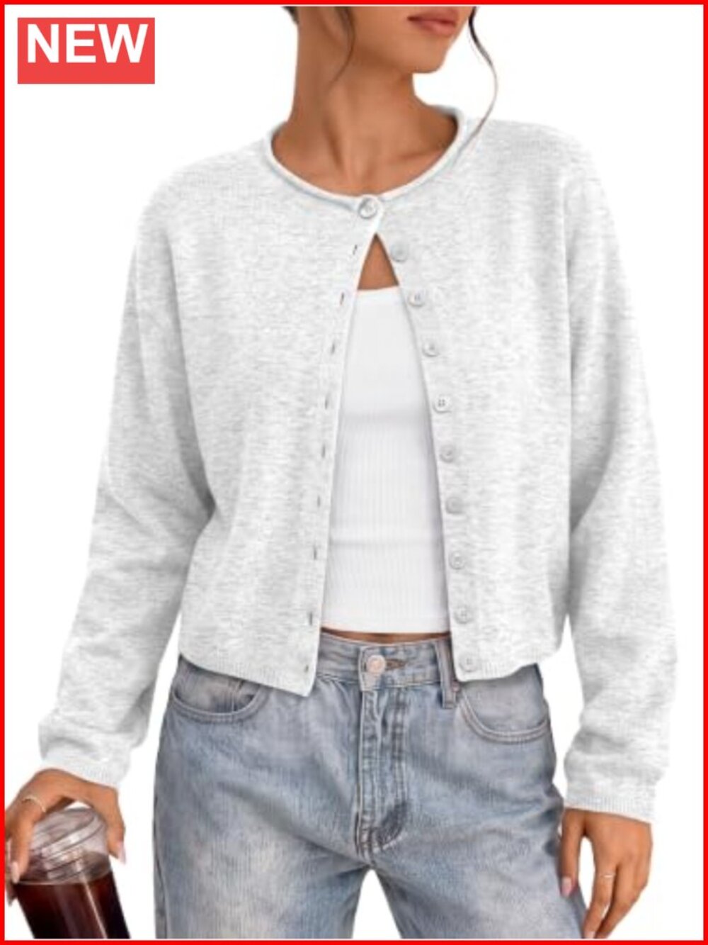 Cropped Lightweight Cardigan Sweater Button Front Long Sleeve
